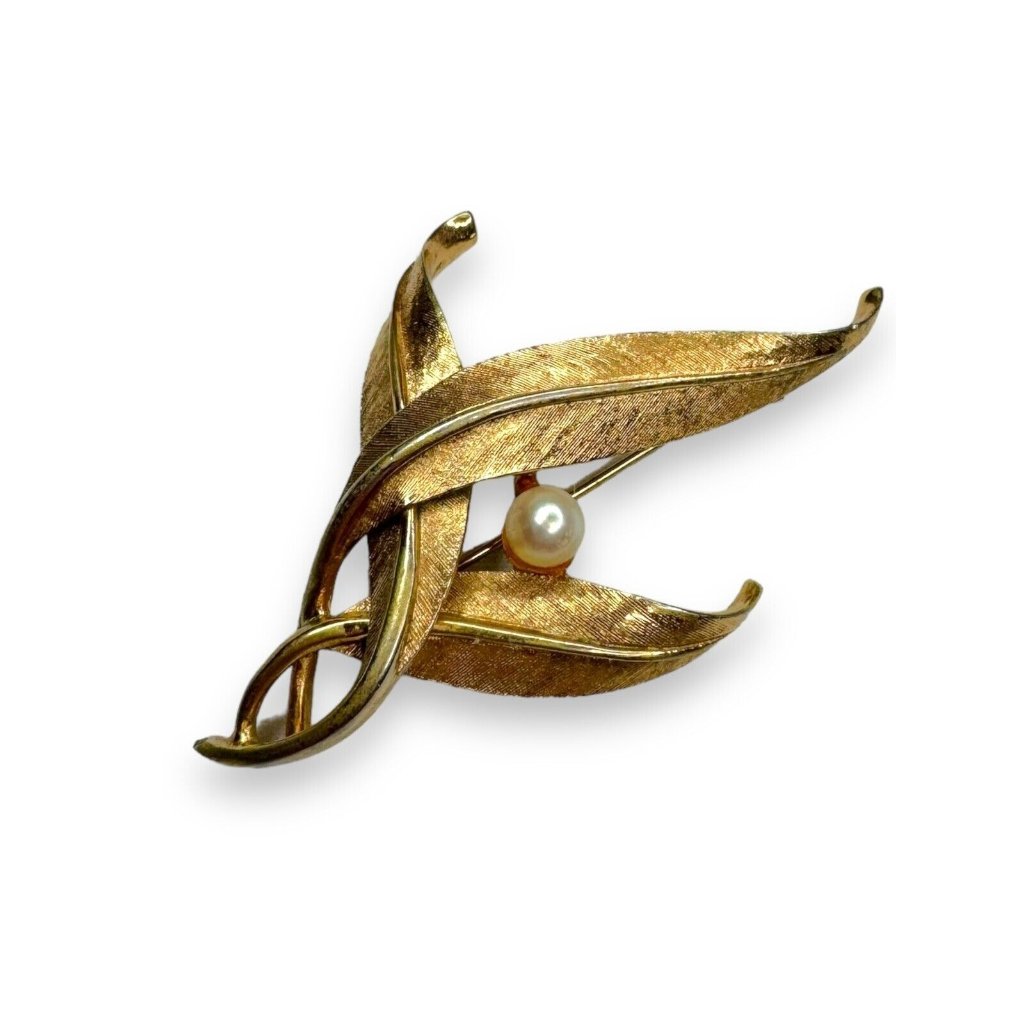 Vintage Boucher Gold Tone Leaf Brooch Faux Pearl Mid Century Modern 2.5